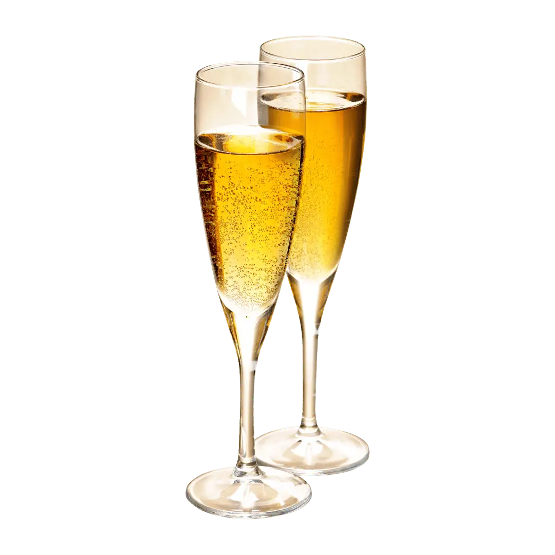 Two filled champagne flutes with golden bubbly sparkling wine on a transparent background
