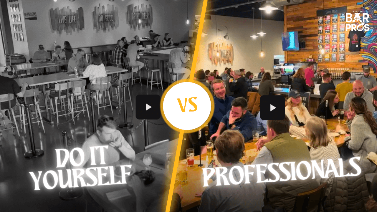 Side-by-side comparison of a nearly empty DIY trivia night and a packed, energetic bar hosted by professionals from Last Call Bar Pros.
