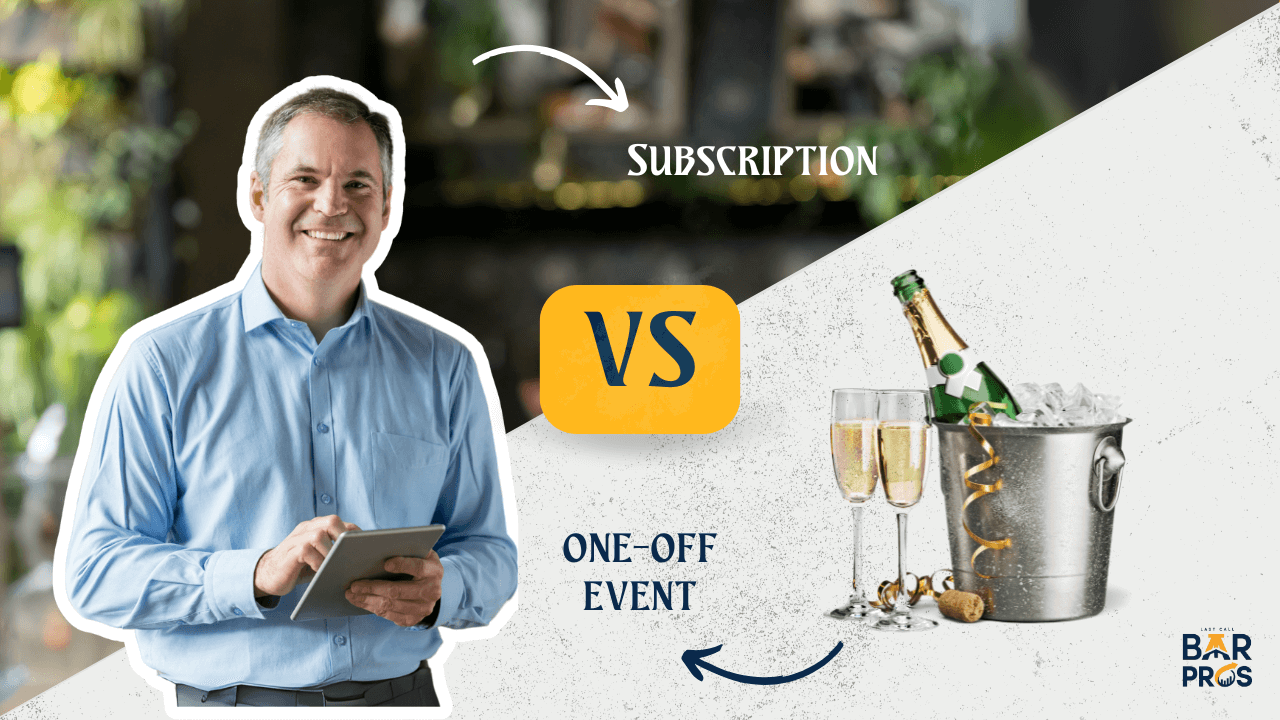 Smiling bar manager holding a tablet comparing subscription-based trivia nights versus one-off bar events, highlighting Last Call Bar Pros solutions.