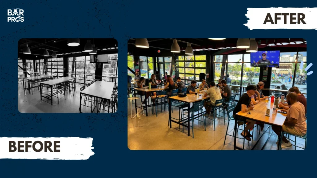 Side-by-side comparison showing an empty bar before trivia night and the same bar full of guests enjoying drinks and conversation after trivia night