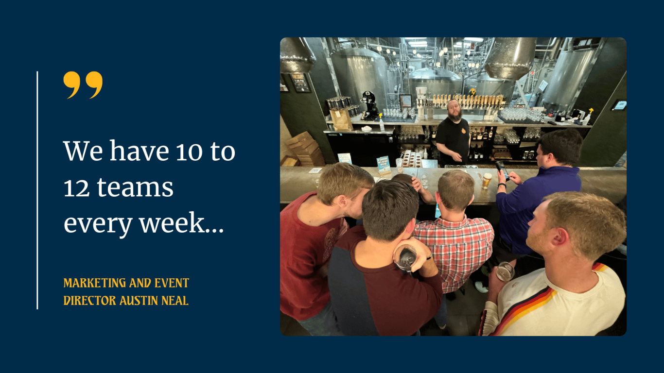 High Grain Brewing Hosts 10+ Trivia Teams Weekly—Here’s How Group of bar guests standing at High Grain Brewing in front of the bartender during trivia night, with testimonial quote on screen